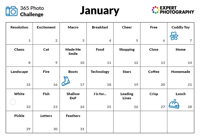 A calendar for the month of January with daily prompts for photos